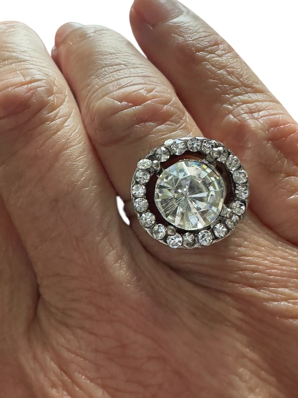 Silver and Rhinestone Large Center Diamond Solitaire Ring
